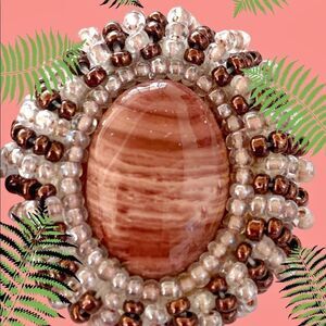 Vtg hand beaded Banded Agate earrings pierced crystal ab copper glass bead